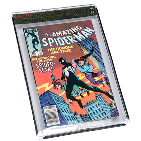 A comic book is displayed in an acrylic case.