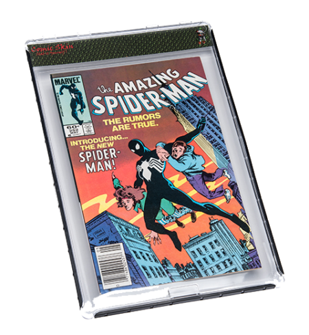 A comic book is displayed in an acrylic case.