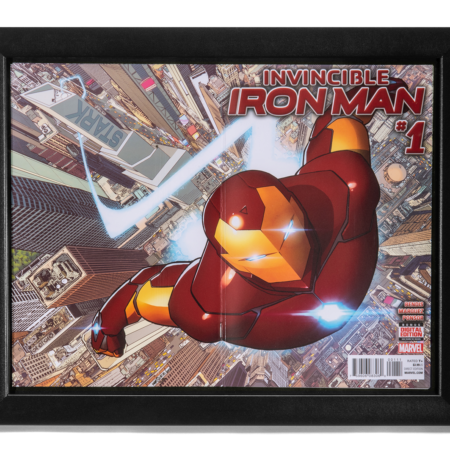 A framed picture of iron man in the air.