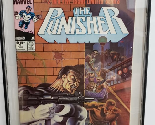 A framed comic book cover of the punisher.