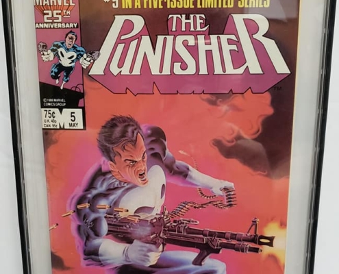 A framed comic book cover of the punisher
